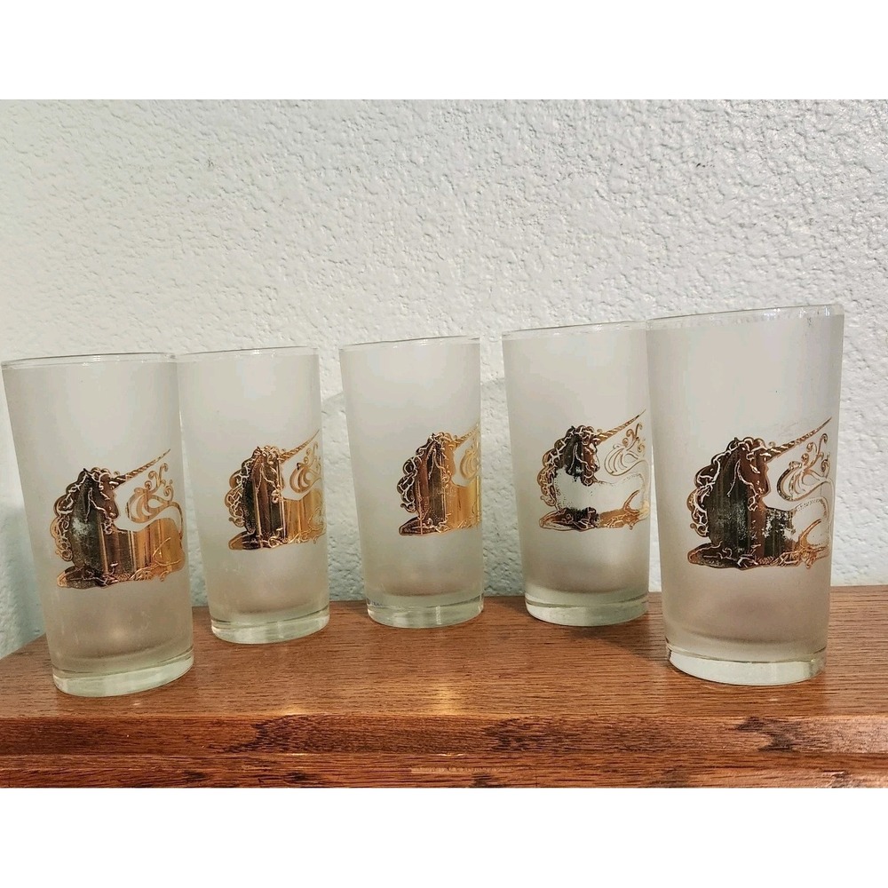 Vtg Culver 22k Gold Unicorn Frosted Glasses Set of 5 MCM‎ Barware Highball